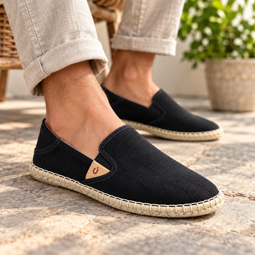OluKai Kaula Pa'a Kapa Black Linen Espadrille Slip On Flats 20449-LRLR Womens 8